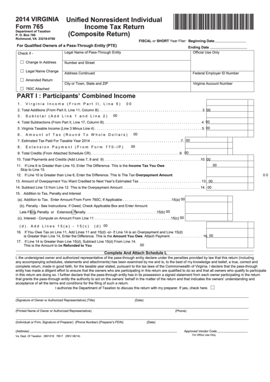 Fillable Form 765 - Unified Nonresident Individual Income Tax Return (Composite Return) - 2014 Printable pdf