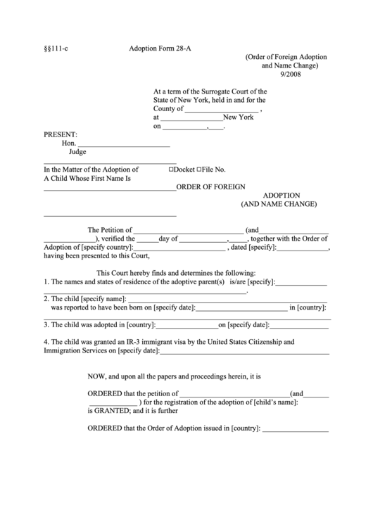 Fillable Adoption Form 28-A - Order Of Foreign Adoption And Name Change - New York Surrogate Court Printable pdf