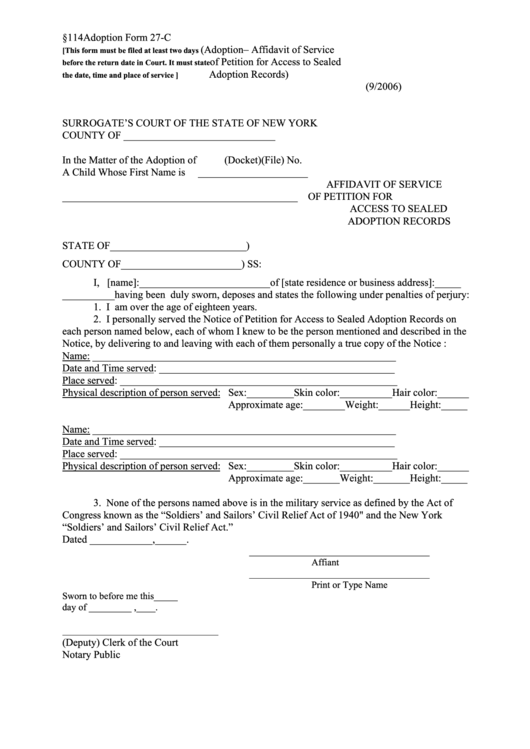 Fillable Adoption Form 27-C - Affidavit Of Service Of Petition For Access To Sealed - Surrogate