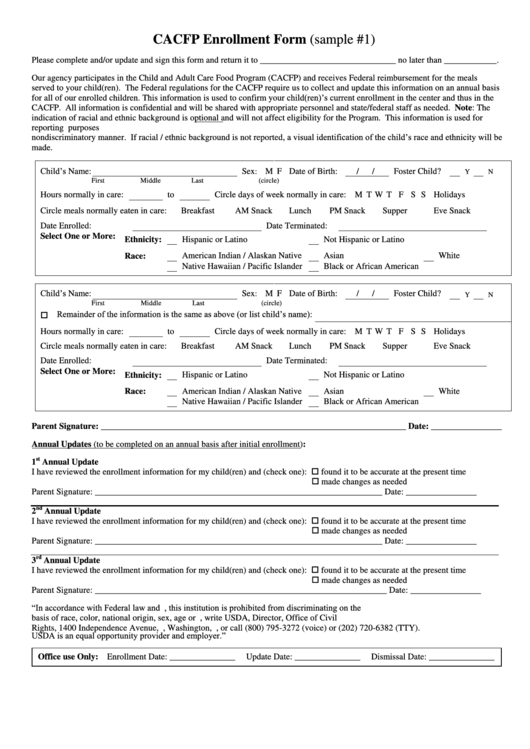 Cacfp Enrollment Form Printable pdf