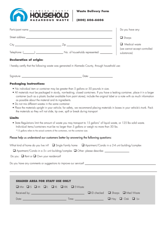 Waste Delivery Form Printable pdf