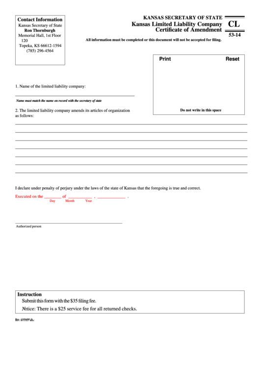 Fillable Form Cl 53-14 - Kansas Limited Liability Company Certificate Of Amendment Printable pdf