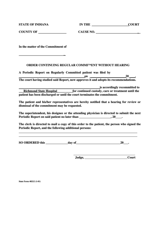 Fillable Form 48212 - Order Continuing Regular Commitment Without Hearing Form Printable pdf