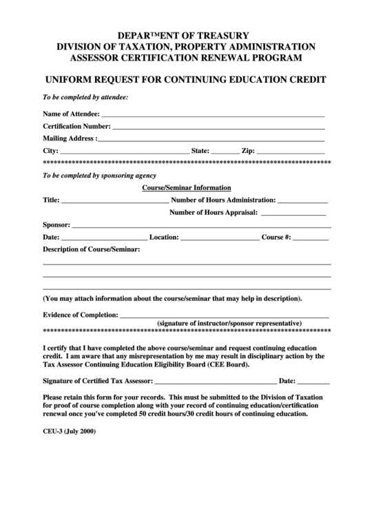 Form Ceu-3 - Uniform Request For Continuing Education Credit Form 2000 Printable pdf