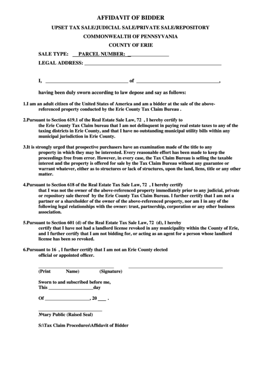 Affidavit Of Bidder-Upset Tax Sale/judicial Sale/private Sale/repository-Commonwealth Of Pennsylvania Form Printable pdf