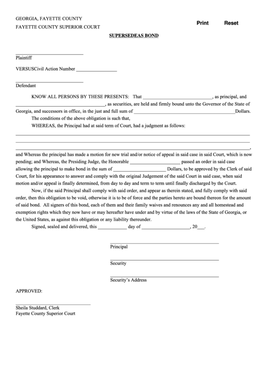 Fillable Supersedeas Bond - Fayette County Superior Court Printable pdf