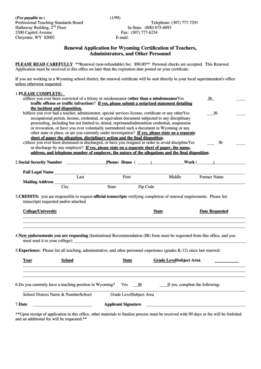Renewal Application For Wyoming Certification Of Teachers, Administrators, And Other Personnel Form Printable pdf