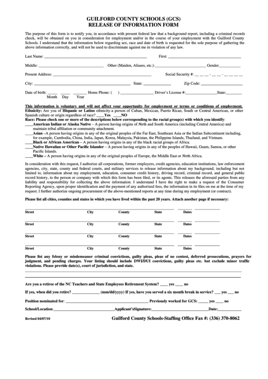 Release Of Information Form-Guilford County Schools Printable pdf