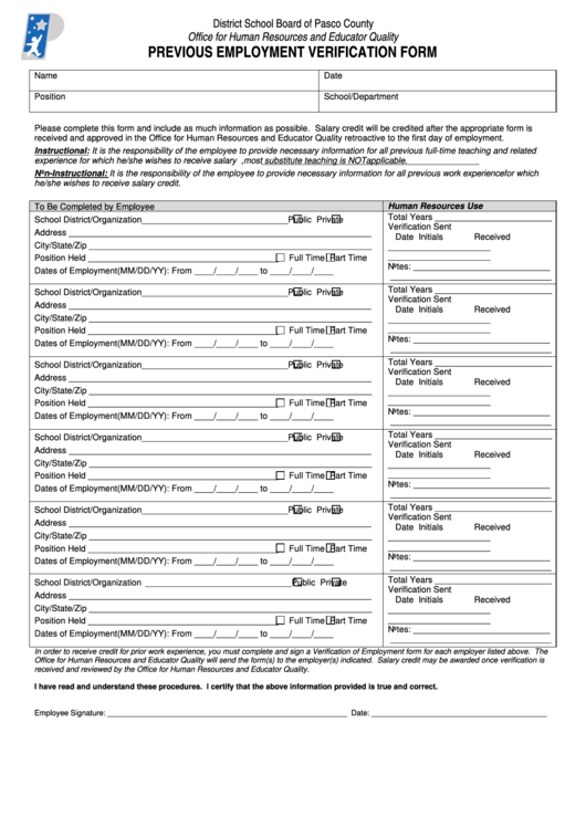 Fillable Previous Employment Verification Form Printable pdf