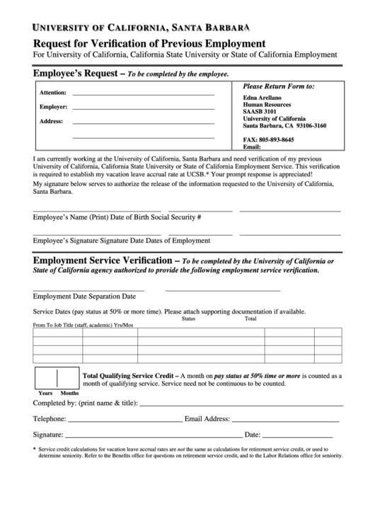 Fillable Request For Verification Of Previous Employment Form - University Of California Printable pdf