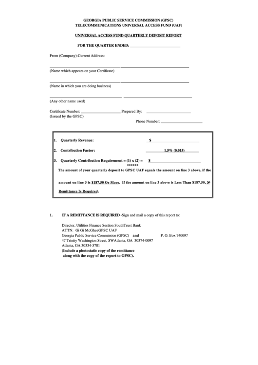 Universal Access Fund Quarterly Deposit Report Form Printable pdf