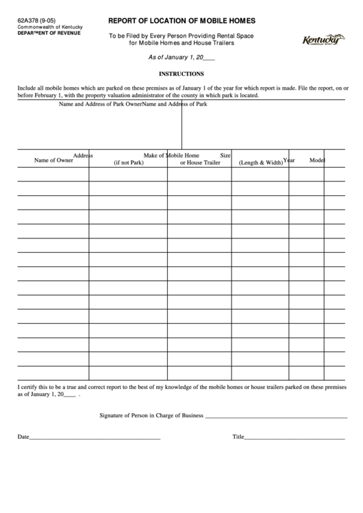 Form 62a378 - Report Of Location Of Mobile Homes
