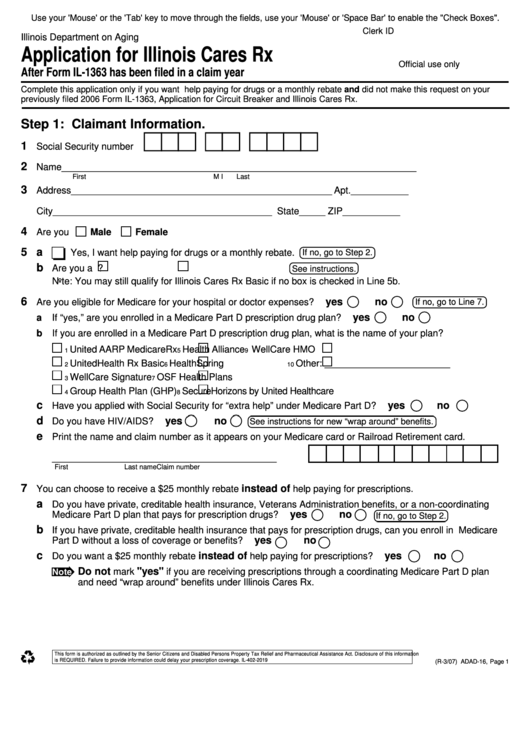 Fillable Form Adad-16 - Application For Illinois Cares Rx - Illinois Department On Aging Printable pdf