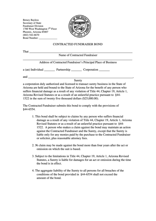 Fillable Contracted Fundraiser Bond Form - Arizona Secretary Of State Printable pdf