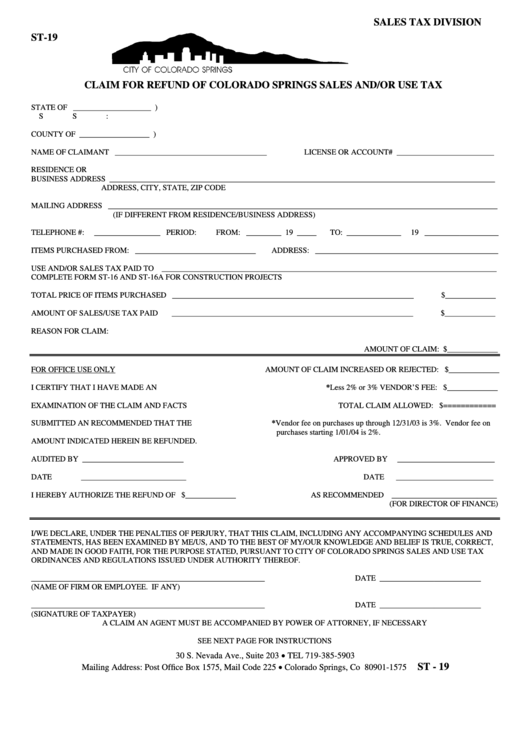 Form St-19 - Claim For Refund Of Colorado Springs Sales And/or Use Tax Printable pdf