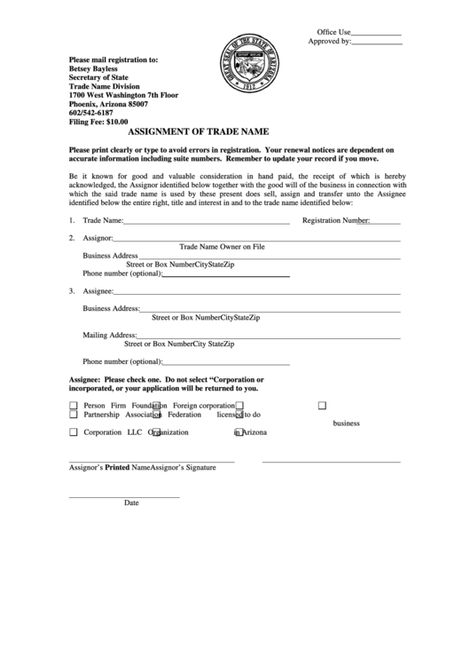 Fillable Assignment Of Trade Name Form - Arizona Secretary Of State Printable pdf