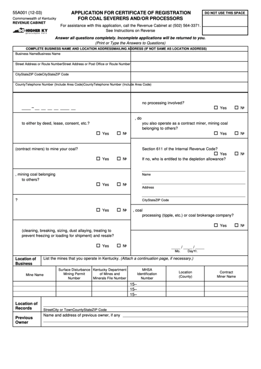 Application For Certificate Of Registration For Coal Severers And/or Processors Form - Commonwealth Of Kentucky Printable pdf