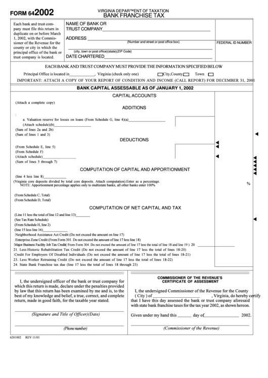Form 64 - Bank Franchise Tax - 2002 Printable pdf