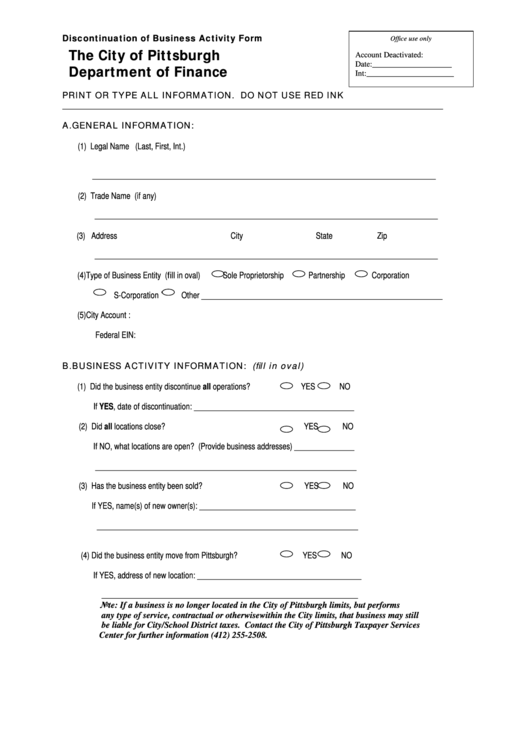 Discontinuation Of Business Activity - City Of Pittsburgh Department Of Finance Printable pdf