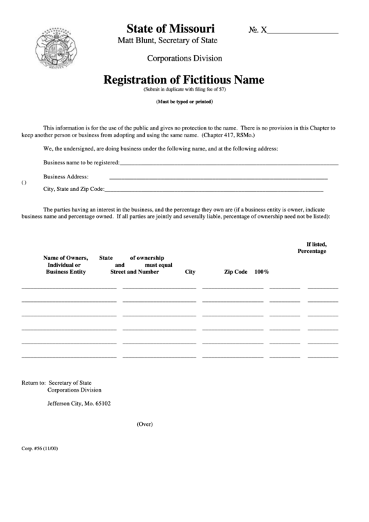Registration Of Fictitious Name Form - Missouri Secretary Of State Printable pdf