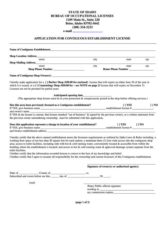 Application For Contiguous Establishment License Form Printable pdf