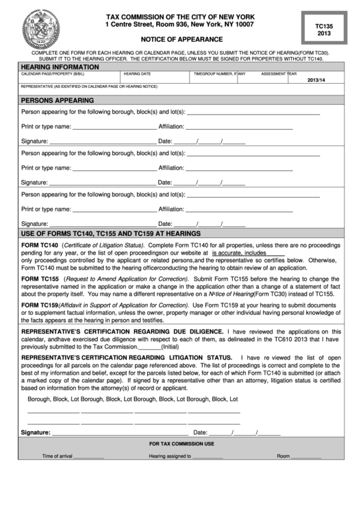 Form Tc135 - Notice Of Appearance - 2013 Printable pdf