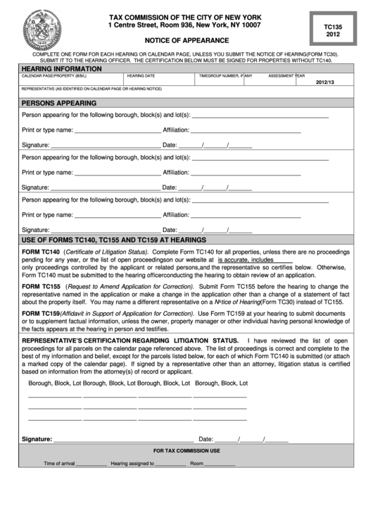 Fillable Form Tc135 - Notice Of Appearance - 2012 Printable pdf