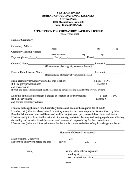 Application For Crematory Facility License Form Printable pdf