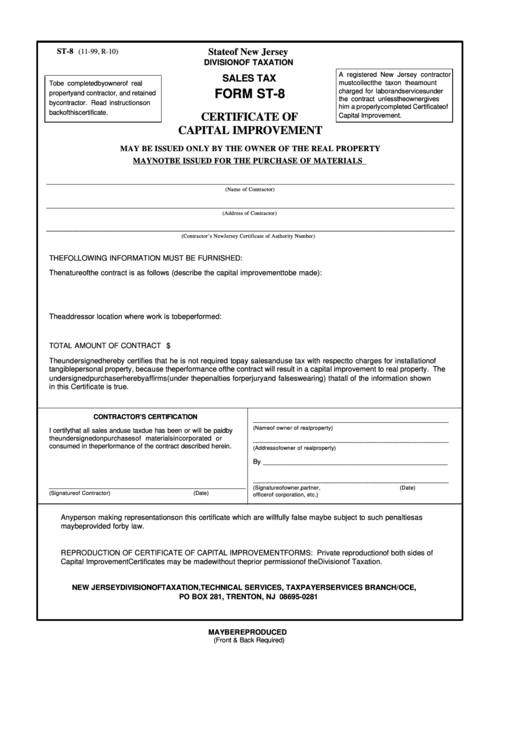 Form St-8 - Certificate Of Capital Improvement Printable pdf