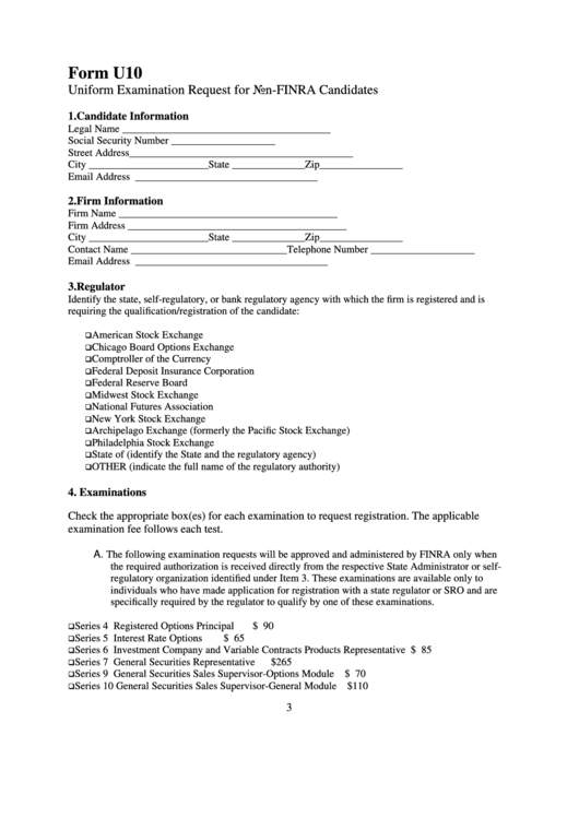 Form U10 - Uniform Examination Request For Non-Finra Candidates Printable pdf