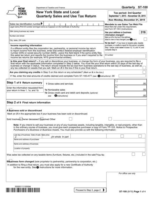 Form St-100 - New York State And Local Quarterly Sales And Use Tax Return