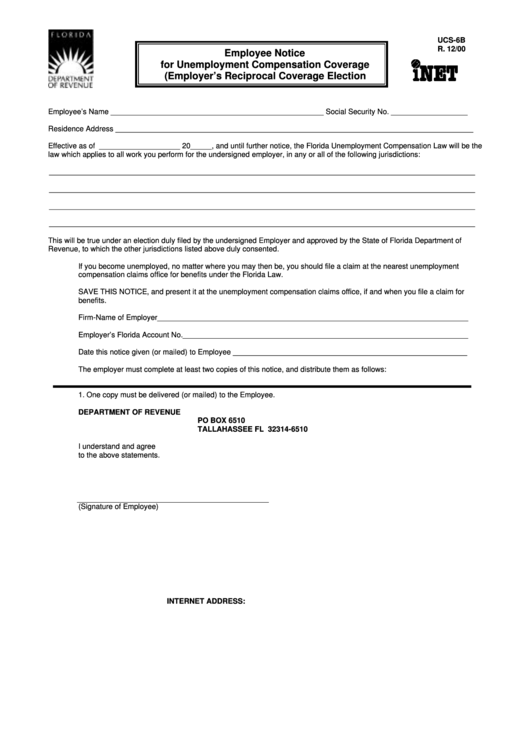 Form Ucs-6b - Employee Notice For Unemployment Compensation Coverage (Employer