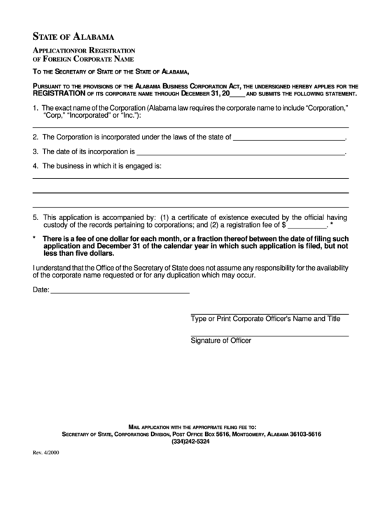 Application For Registration Of Foreign Corporate Name Form - State Of Alabama Secretary Of State Printable pdf