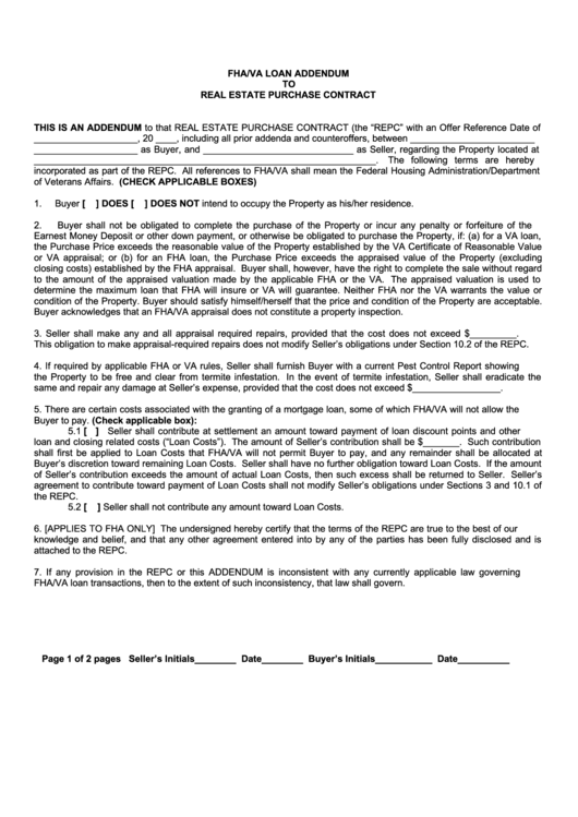 Fha/va Loan Addendum To Real Estate Purchase Contract Form