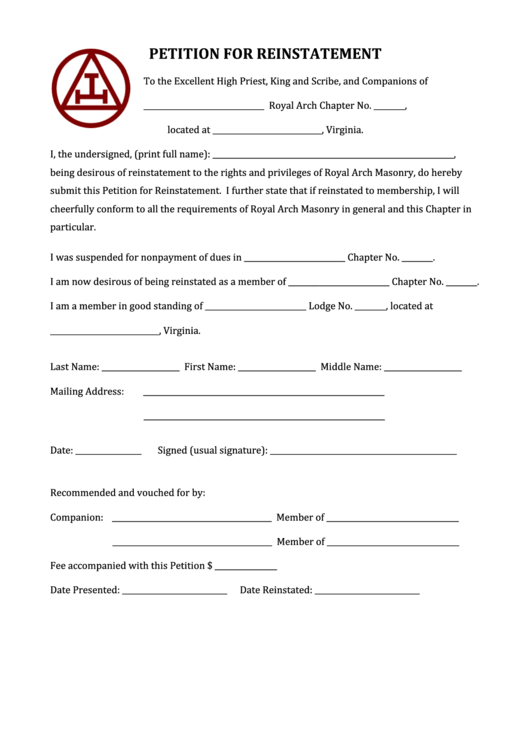 Petition For Reinstatement Form Printable pdf