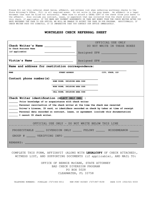 Worthless Check Referral Sheet/worthless Check Affidavit/worthless Check Witness Form Printable pdf