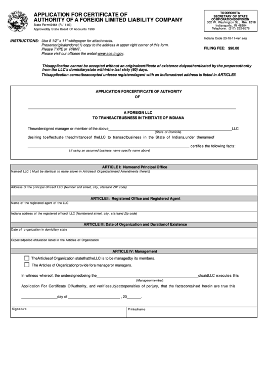 State Form 49464 - Application For Certificate Of Authority Of A Foreign Limited Liability Company - Indiana Printable pdf