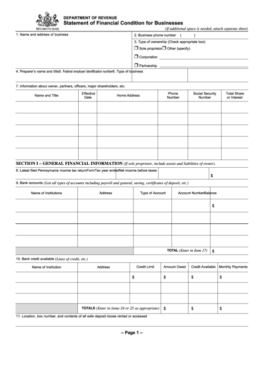 Form Rev-484 - Statement Of Financial Condition For Businesses ...