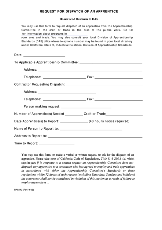 Fillable Form Das142 - Request For Dispatch Of An Apprentice Printable pdf