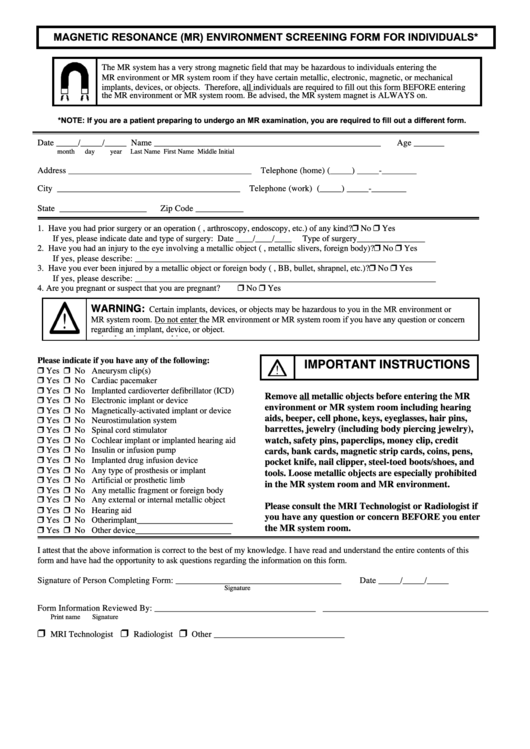 Magnetic Resonance (Mr) Environment Screening Form For Individuals Printable pdf