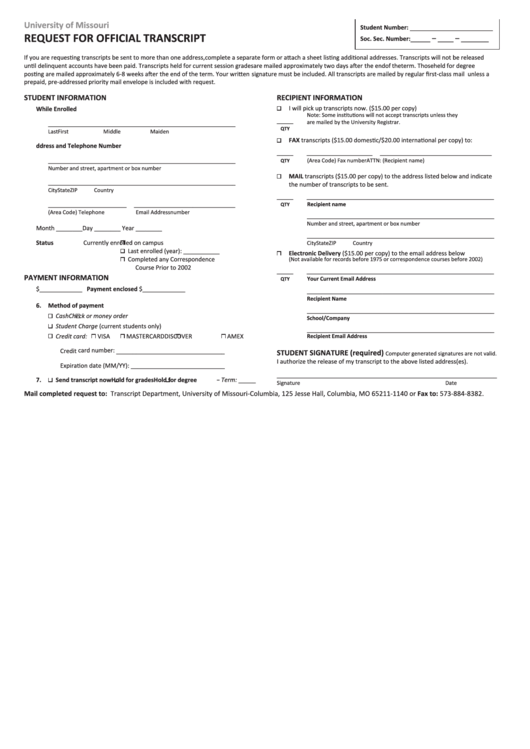 Request For Official Transcript Form - University Of Missouri Printable pdf