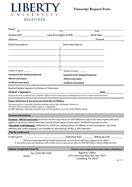 Fillable Transcript Request Form - Liberty University Registrar Printable pdf