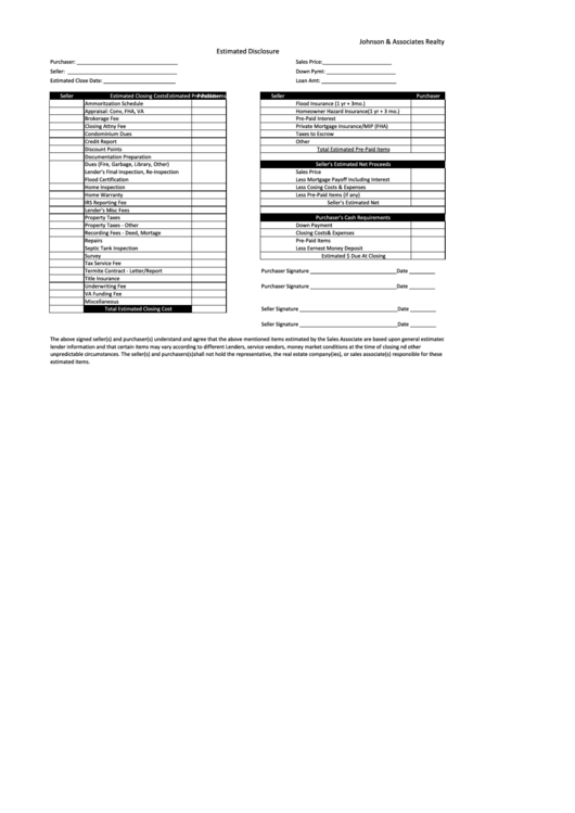 Fillable Estimated Disclosure Form Printable pdf