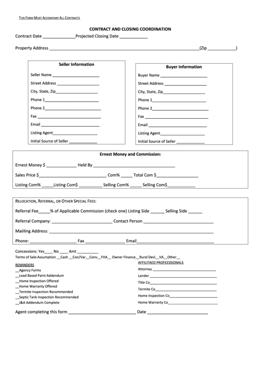 Fillable Contract And Closing Coordination Form Printable pdf