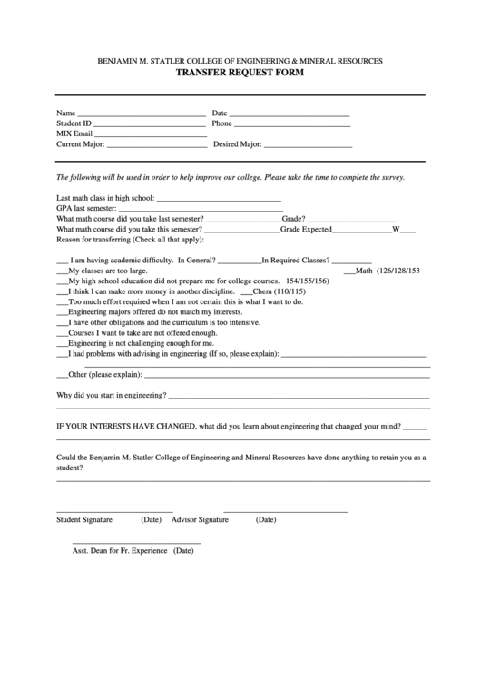 College Transfer Request Form Printable pdf
