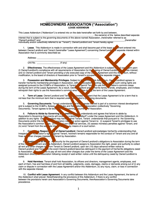 Homeowners Association ("Association") Lease Addendum Template Sample Printable pdf