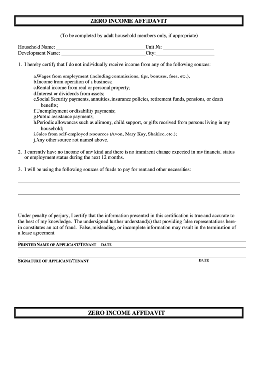 Zero Income Affidavit Form Printable pdf