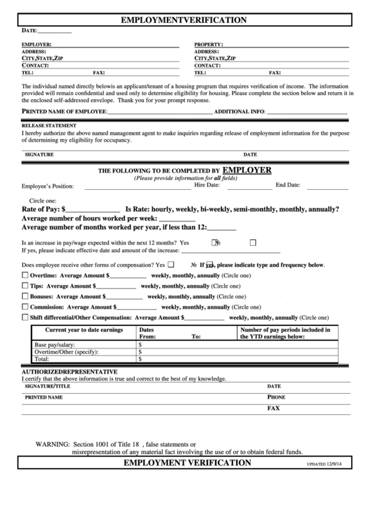 Employment Verification Form Printable pdf