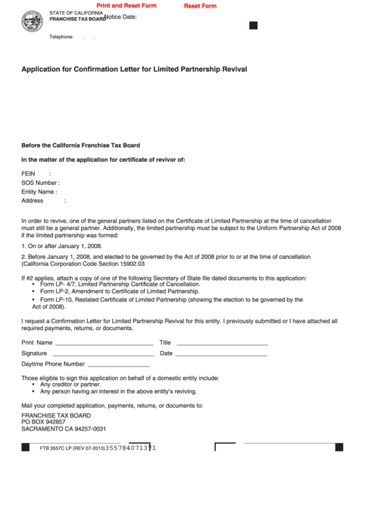 Fillable Form Ftb 3557c Lp - Application For Confirmation Letter For Limited Partnership Revival Printable pdf