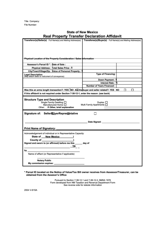 Fillable Form V-61sa - Real Property Transfer Declaration Affidavit Printable pdf